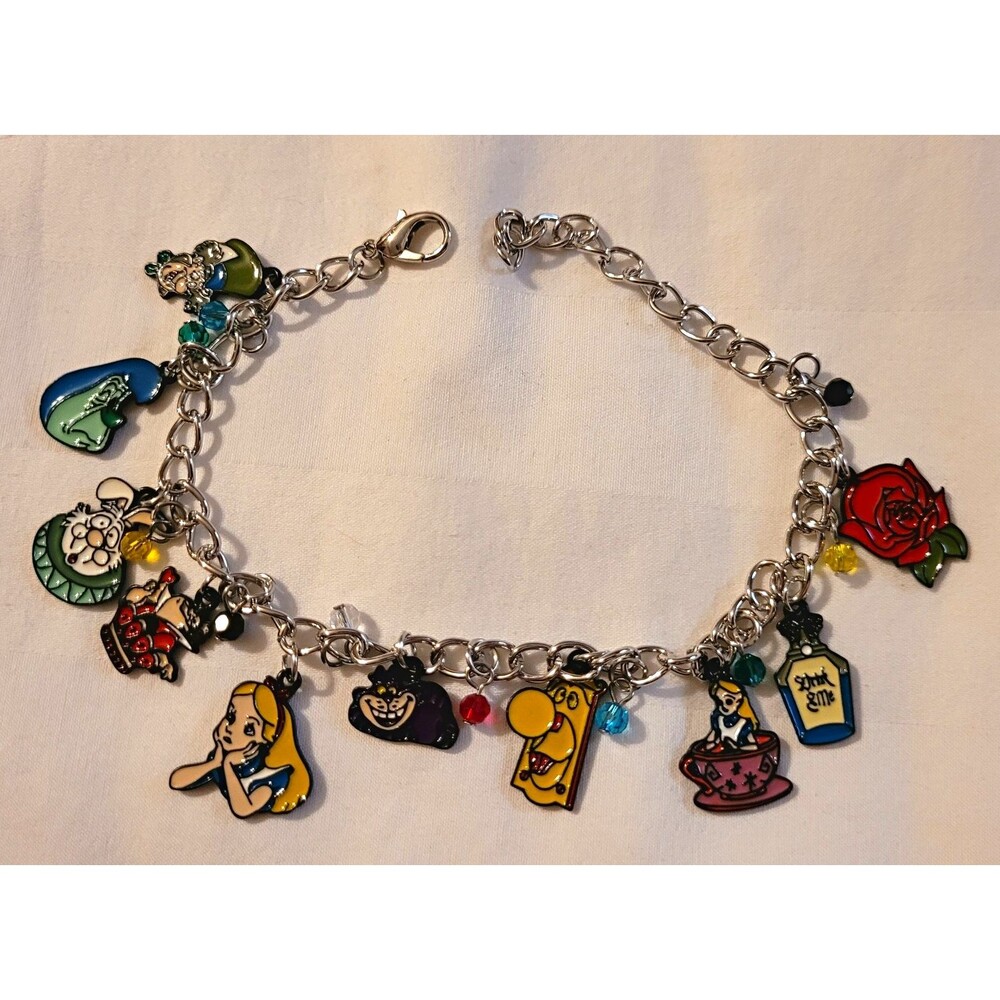 NWOT Alice in Wonderland Inspired Charm Bracelet Silver Tone w/ Enamel Charms